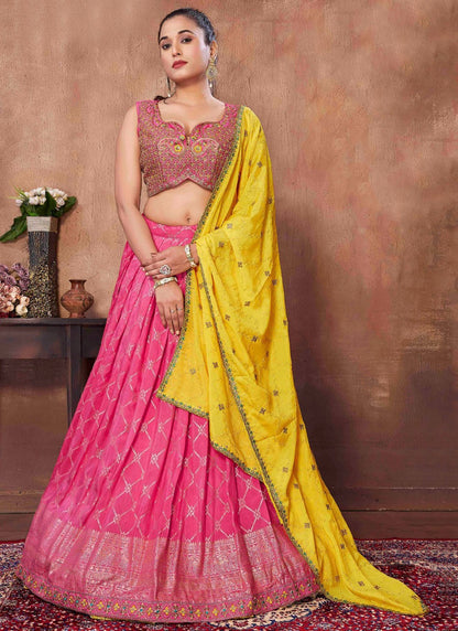 Embroidered Jacquard Silk, Viscose Pink Lehenga - L3261