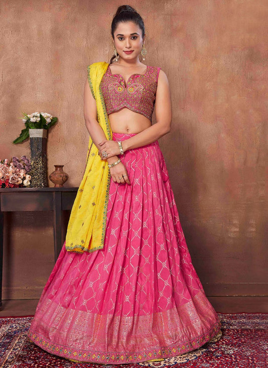 Embroidered Jacquard Silk, Viscose Pink Lehenga - L3261