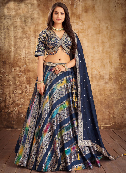 Printed Silk Navy Blue Lehenga - L3209