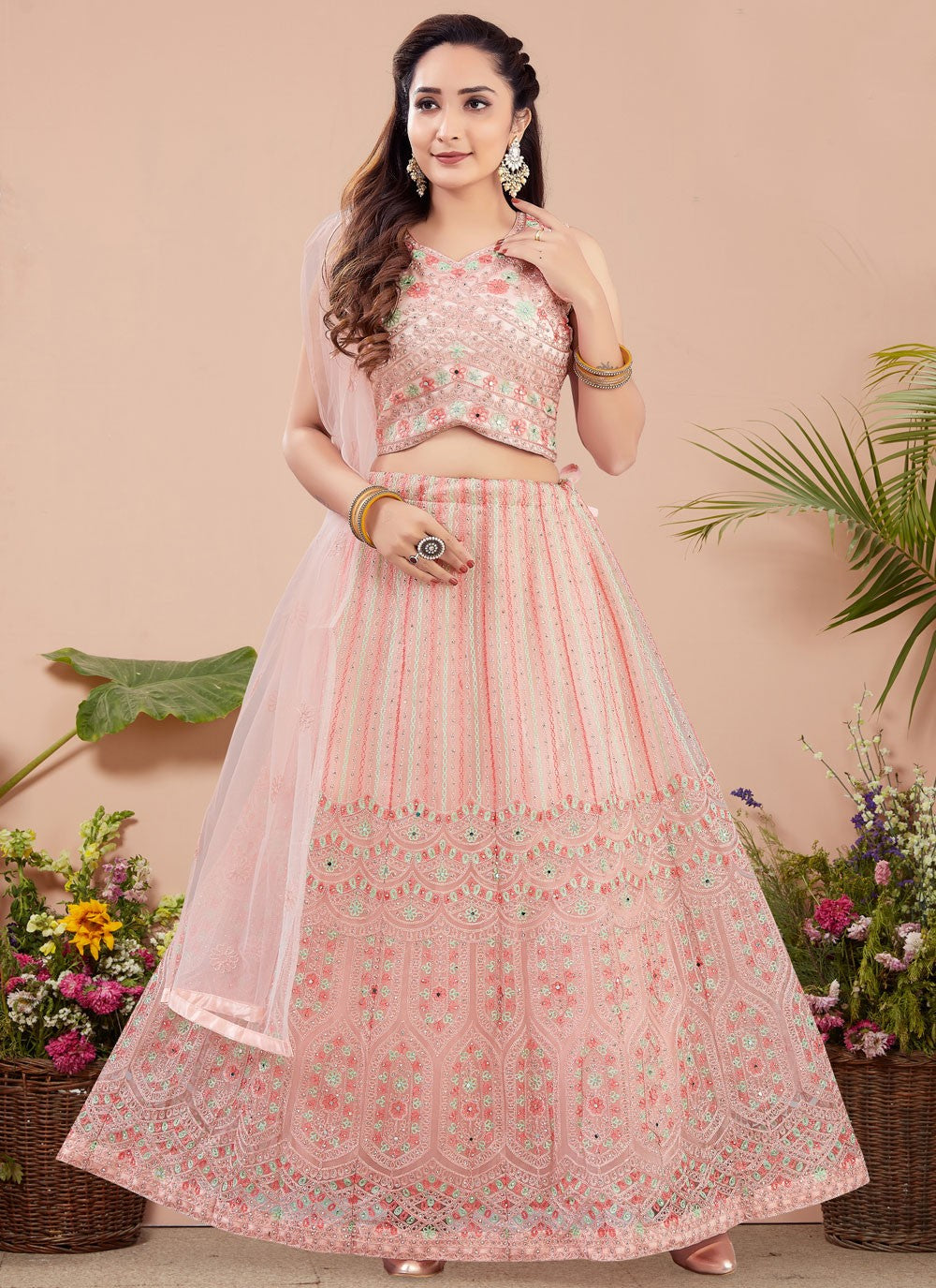 Embroidered Net Pink Readymade Lehenga Choli  L3771