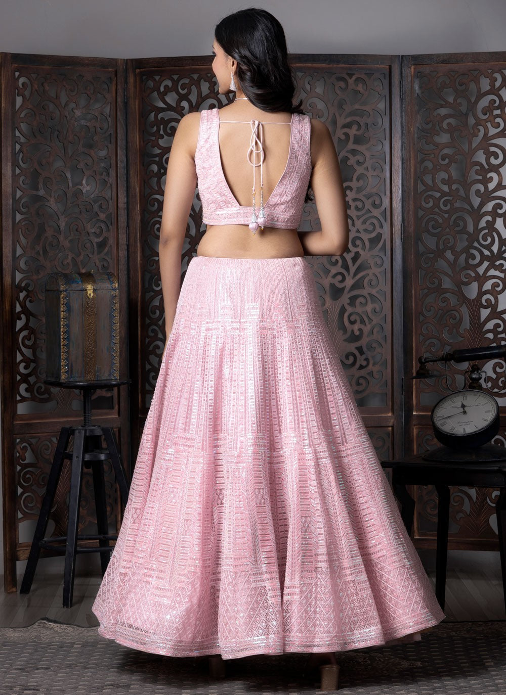 Embroidered Net Pink Lehenga Choli L3726