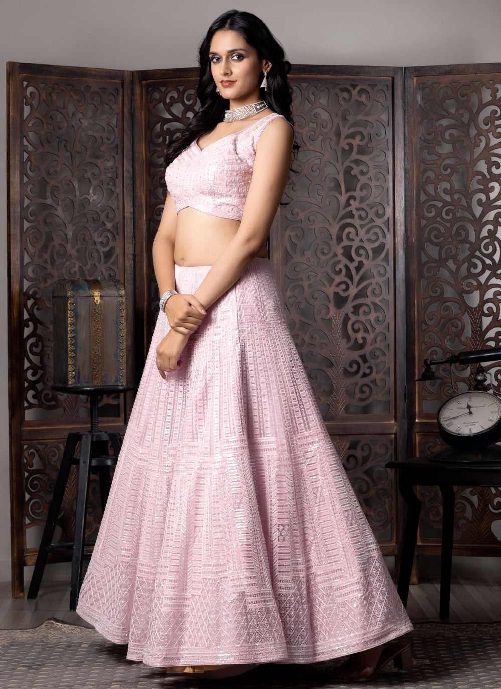 Embroidered Net Pink Lehenga Choli L3726