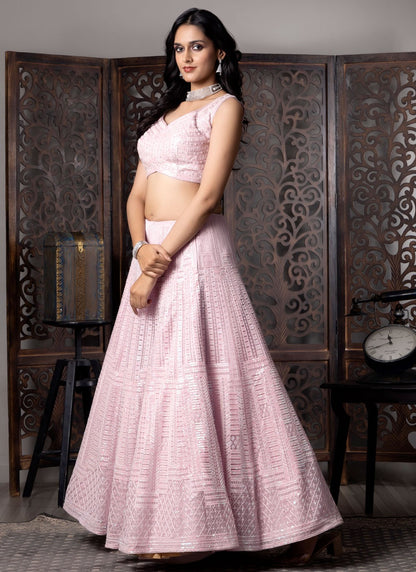 Embroidered Net Pink Lehenga Choli L3726