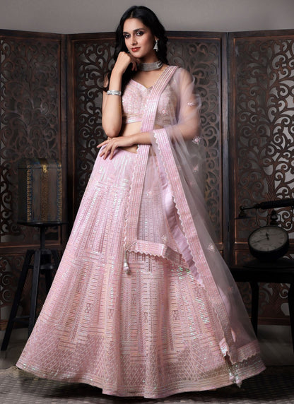 Embroidered Net Pink Lehenga Choli L3726