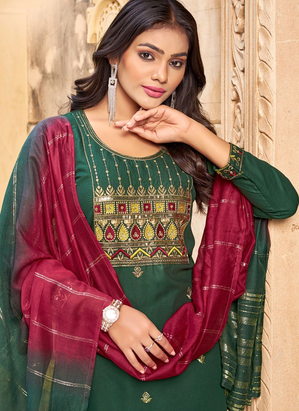 Embroidered Rayon Pant Style Suit - T4747