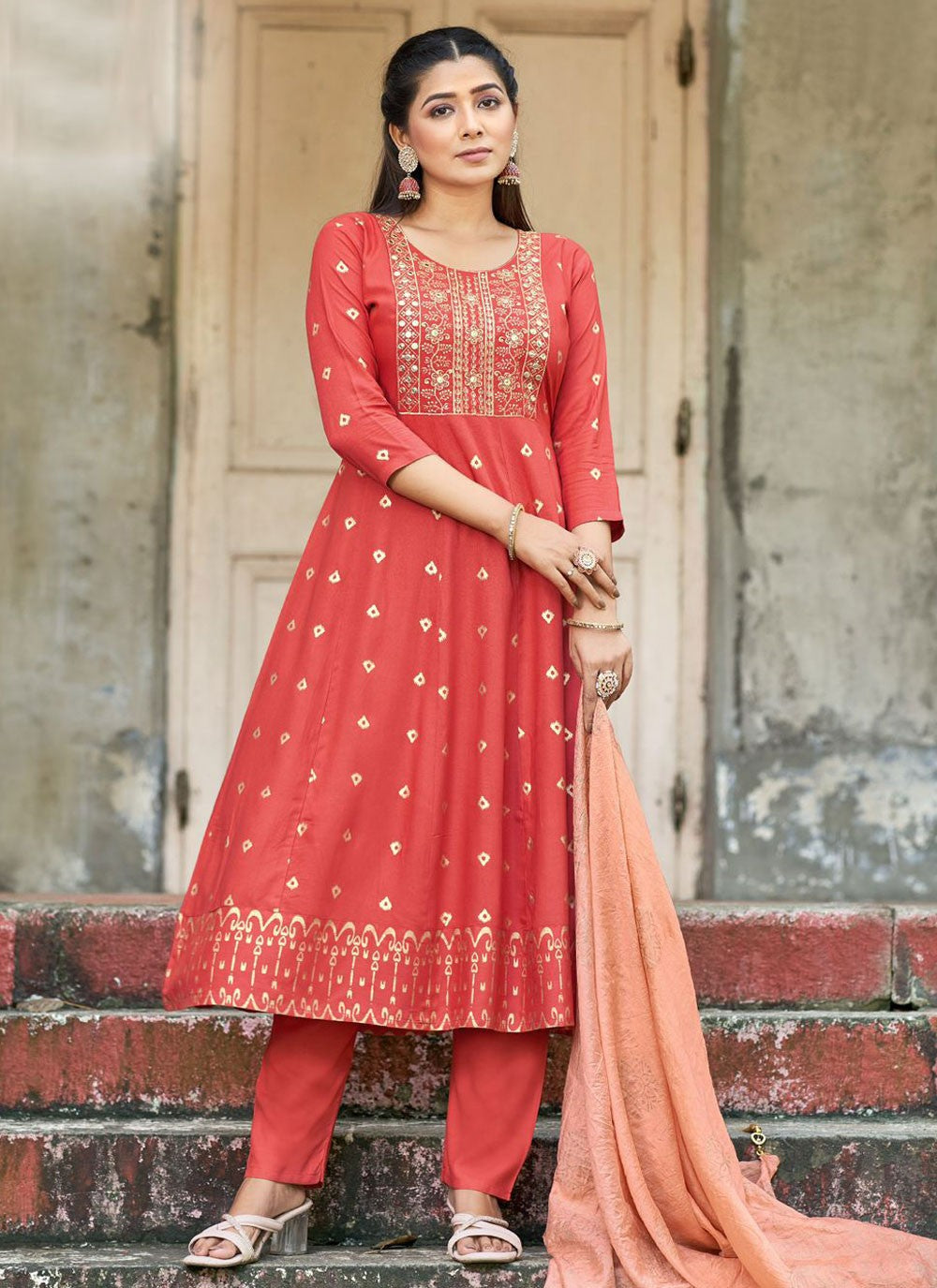 Salwar Suit Embroidered Pink Rayon T5628