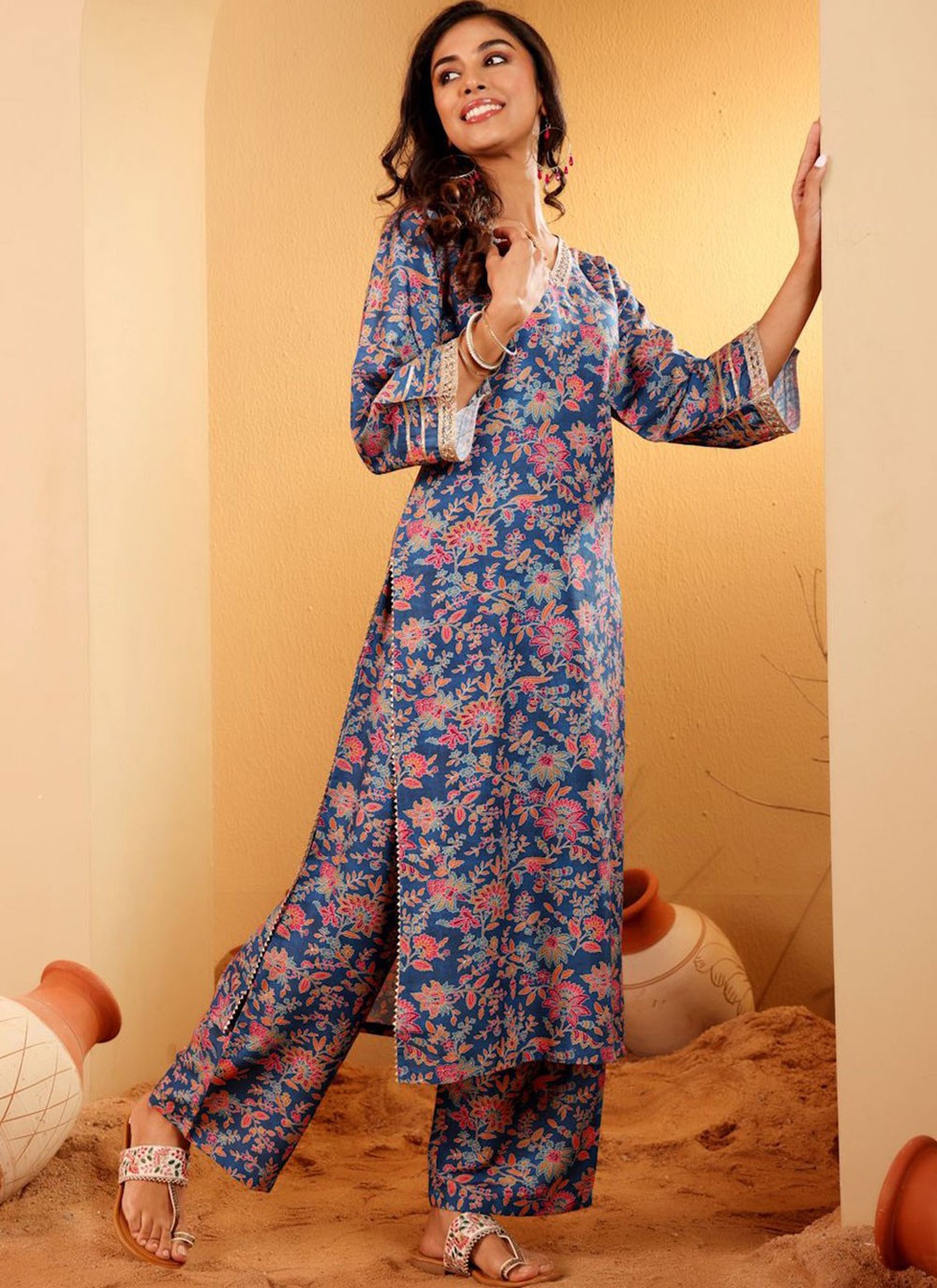 Foliage Prints Rayon Pant Style Suit - T4841