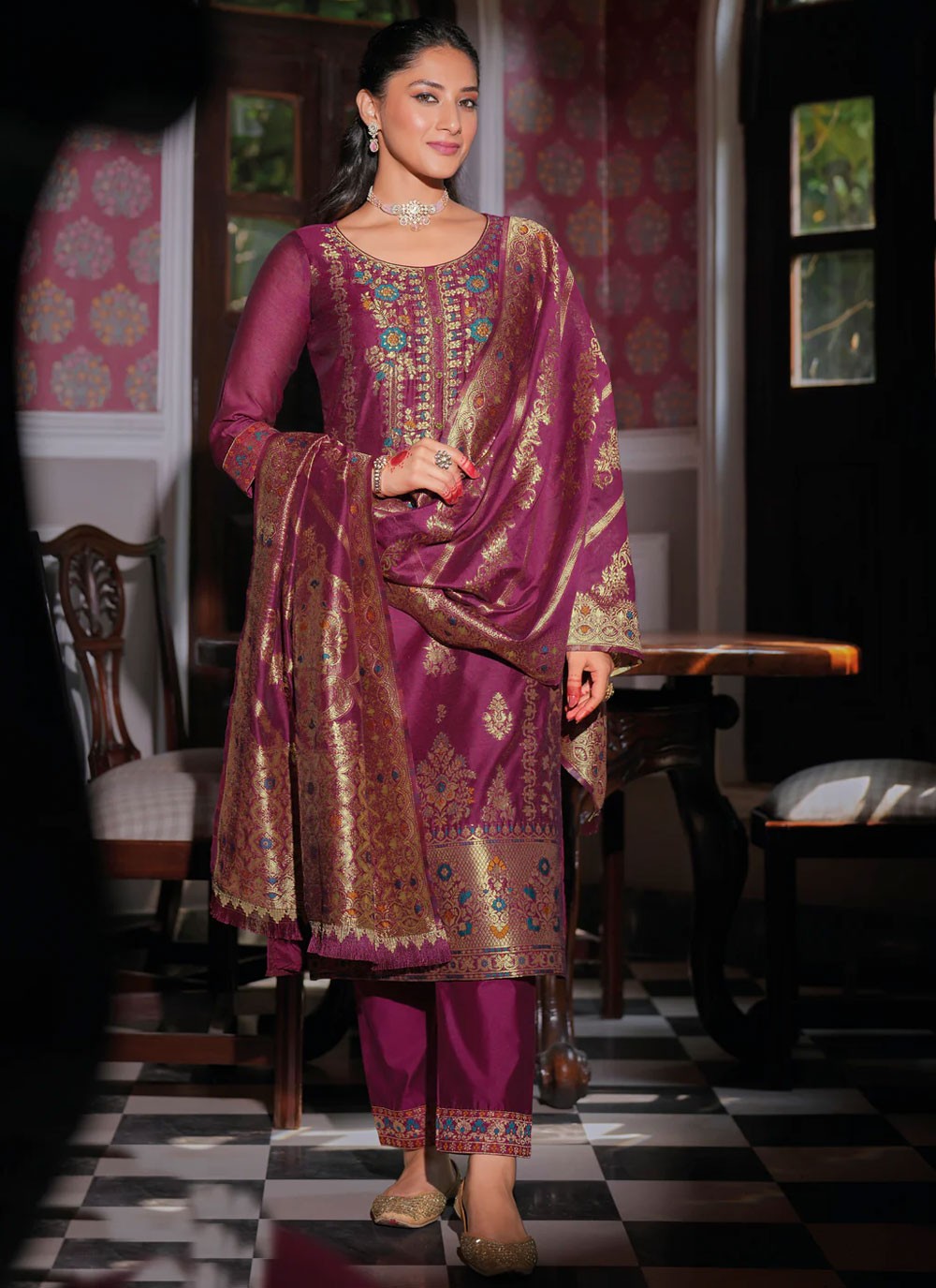 Jacquard Work Banarasi Jacquard Purple Salwar Suit T6107
