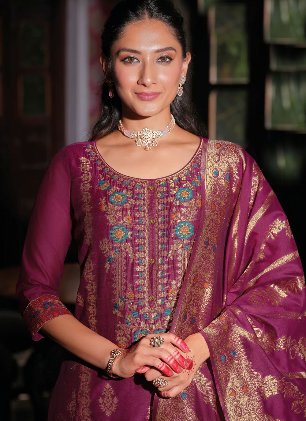 Jacquard Work Banarasi Jacquard Purple Salwar Suit T6107