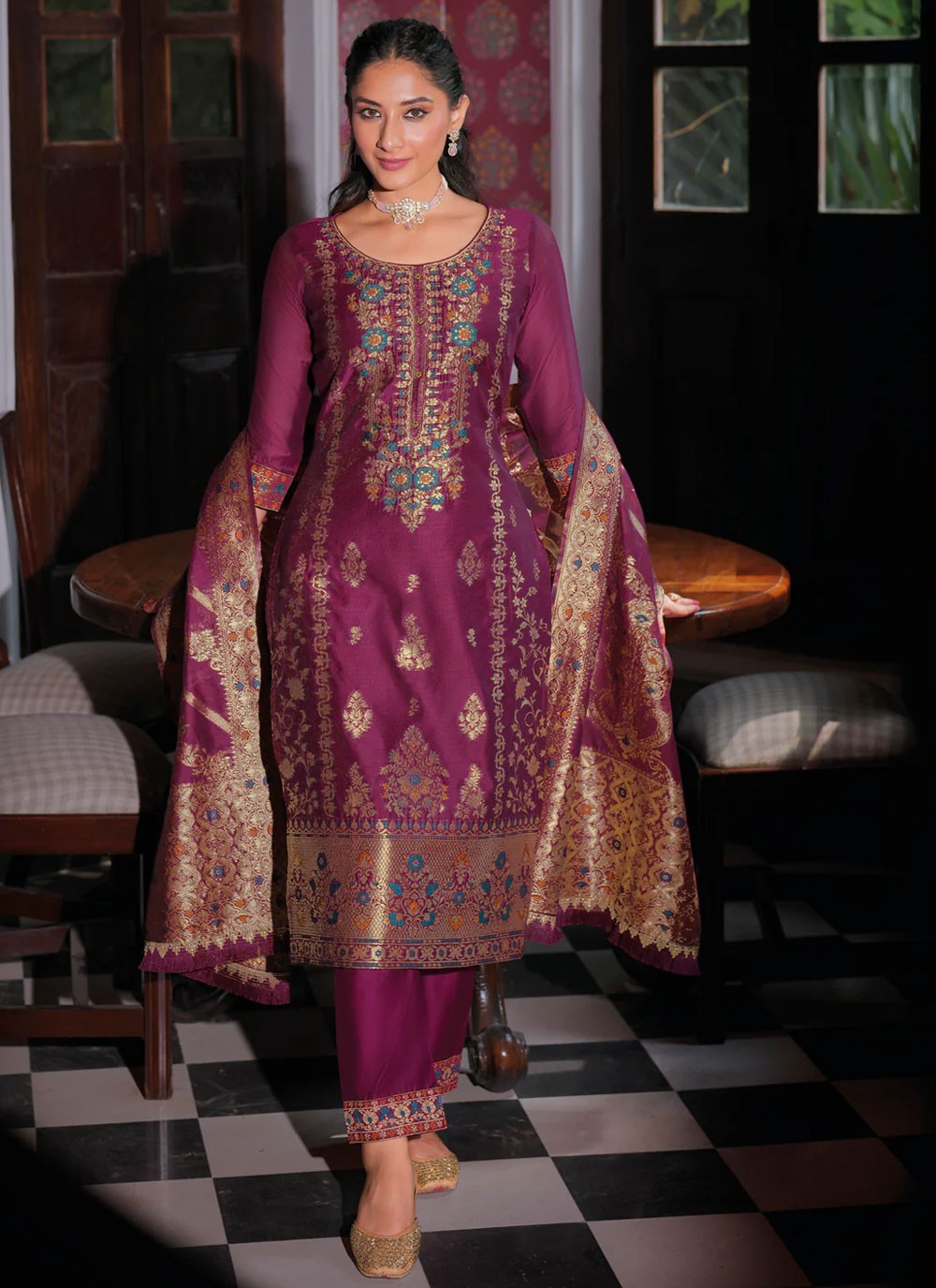 Jacquard Work Banarasi Jacquard Purple Salwar Suit T6107
