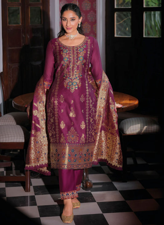 Jacquard Work Banarasi Jacquard Purple Salwar Suit T6107