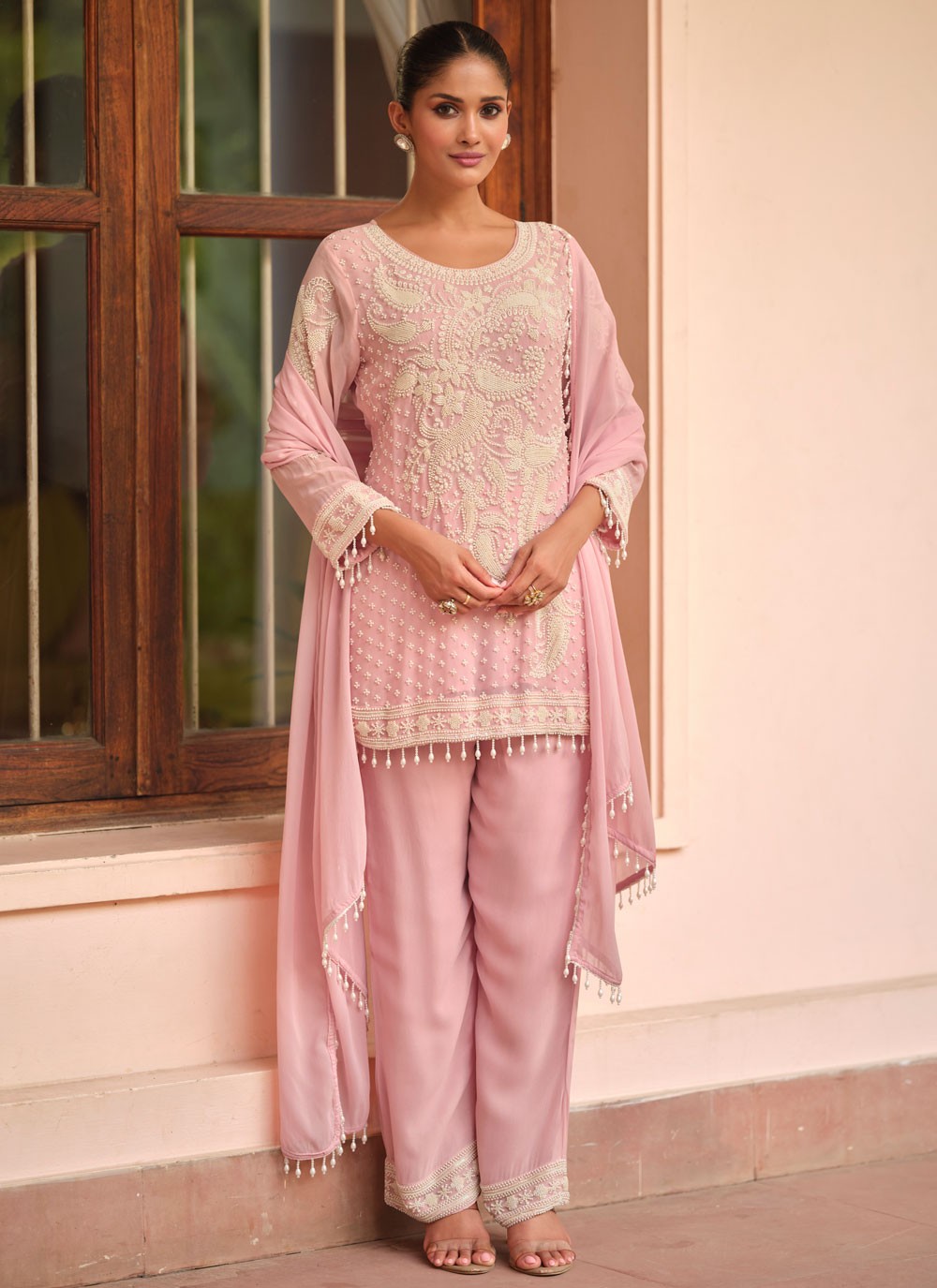 Pant Style Suit Embroidered Pink T8928