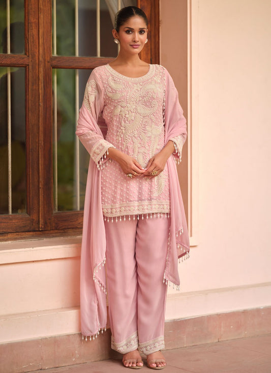 Pant Style Suit Embroidered Pink T8928