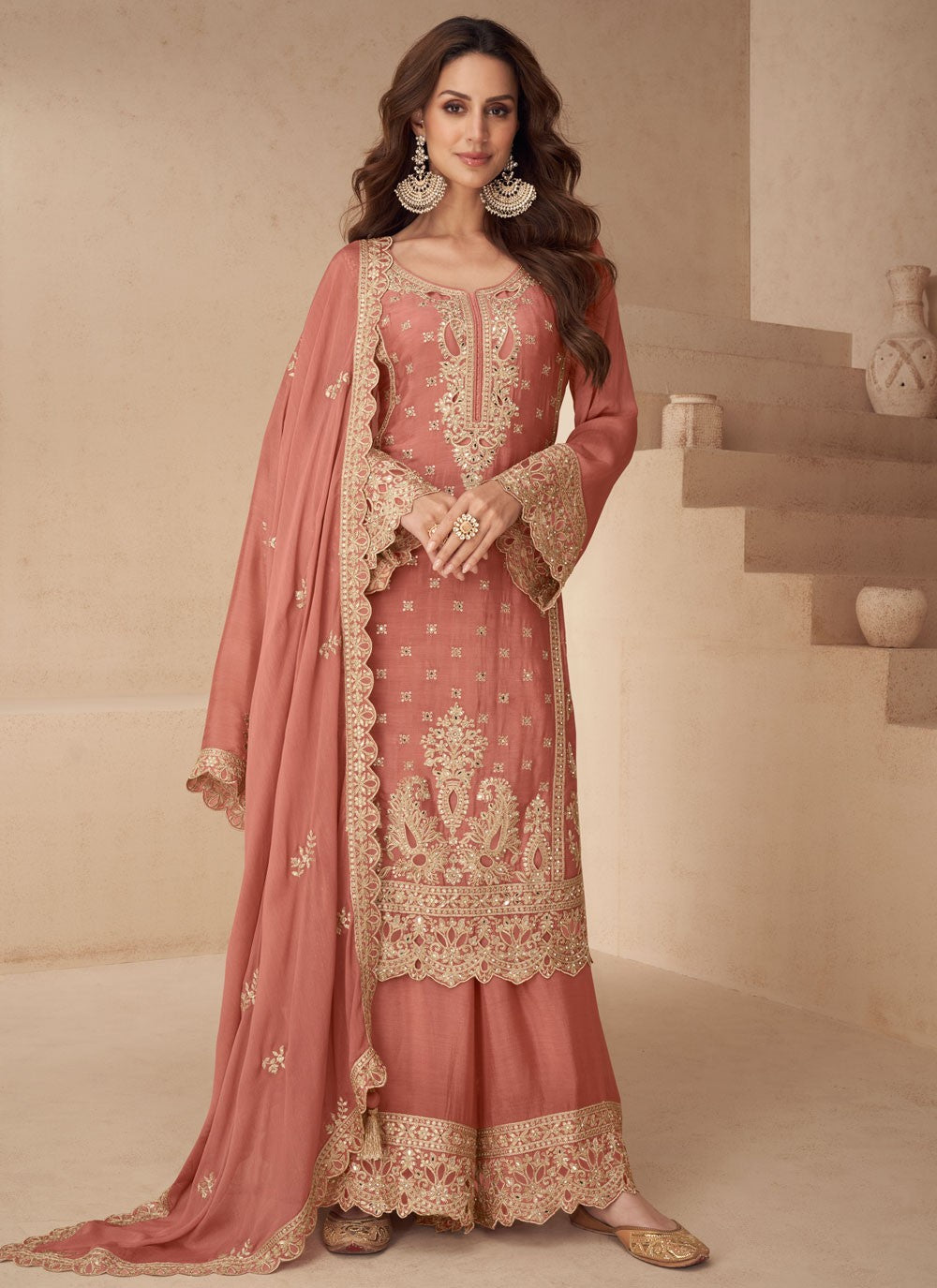 Palazzo Suit Embroidered, Mirror, Zari Peach T8277