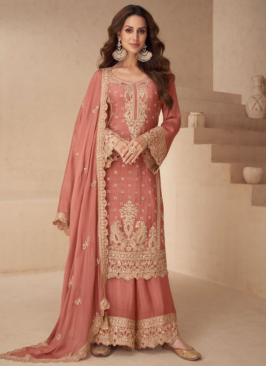 Palazzo Suit Embroidered, Mirror, Zari Peach T8277
