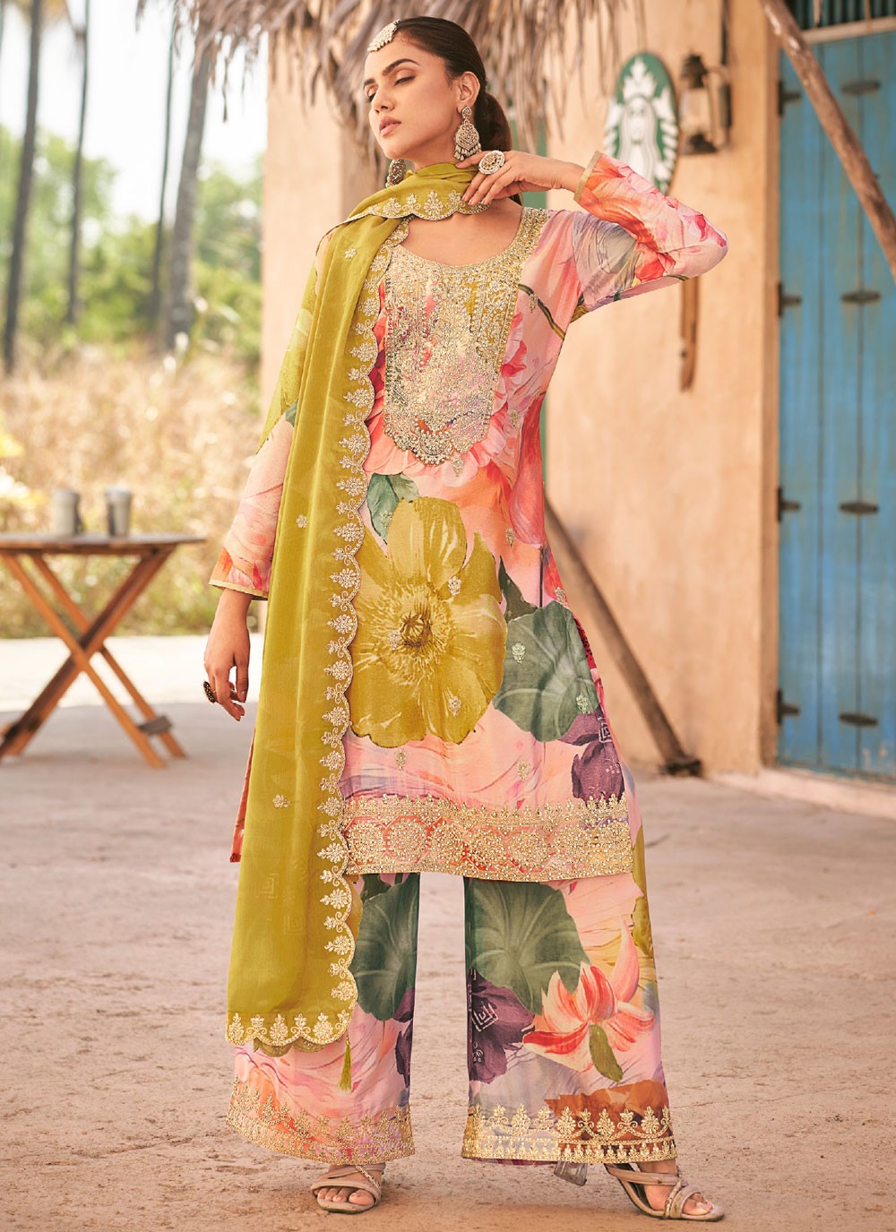Salwar Suit Embroidered Pink Chinon T5782