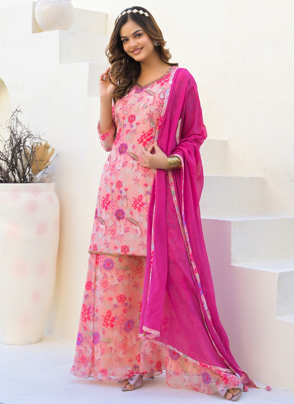 Sharara Suit Digital Print, Sequins, Zari Pink T7130