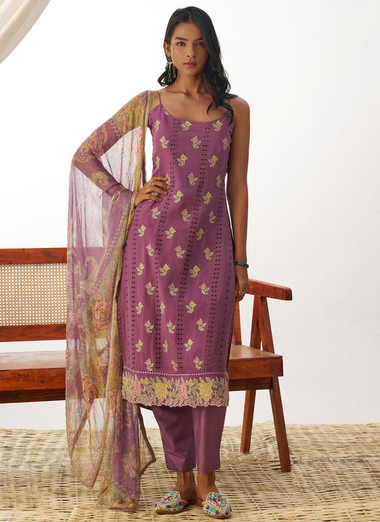 Pant Style Suit Embroidered, Fancy Work, Stones Purple T6910
