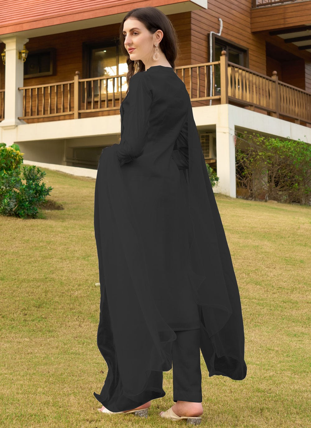 Salwar Suit Embroidered Black Silk T5347