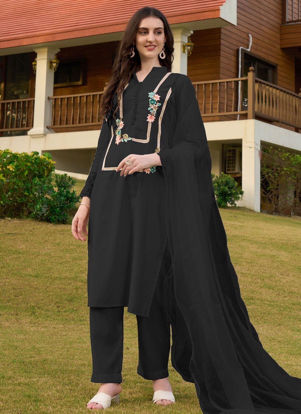 Salwar Suit Embroidered Black Silk T5347