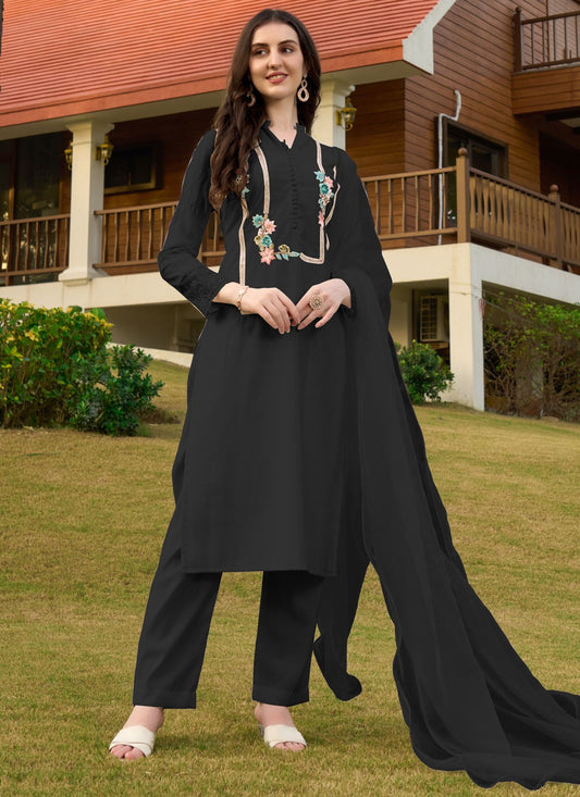 Salwar Suit Embroidered Black Silk T5347