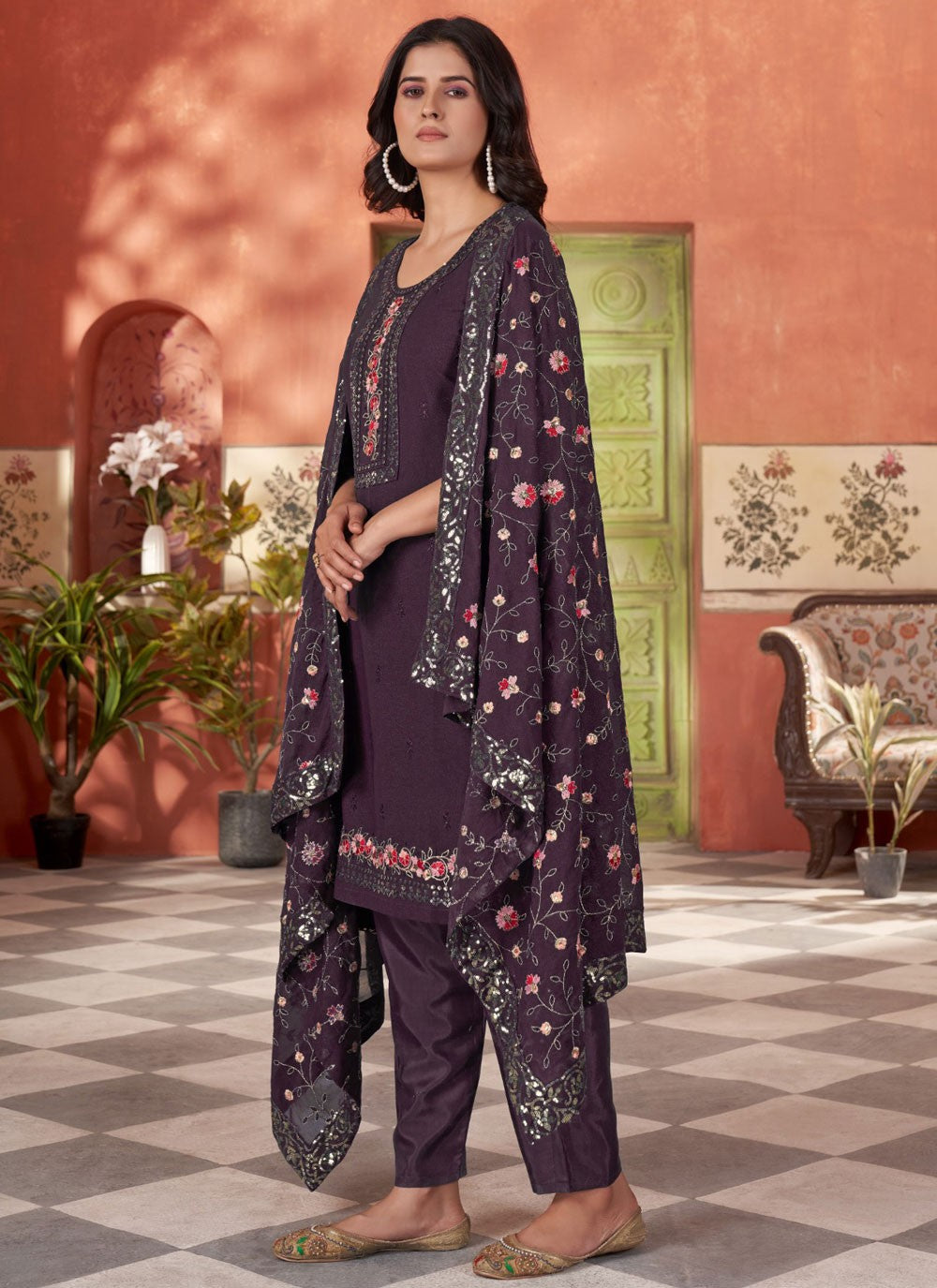 Salwar Suit Embroidered Wine Georgette T5362