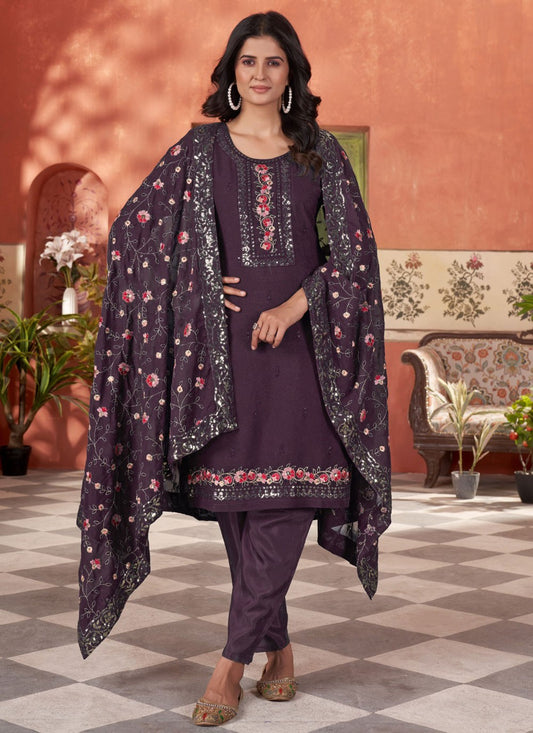 Salwar Suit Embroidered Wine Georgette T5362