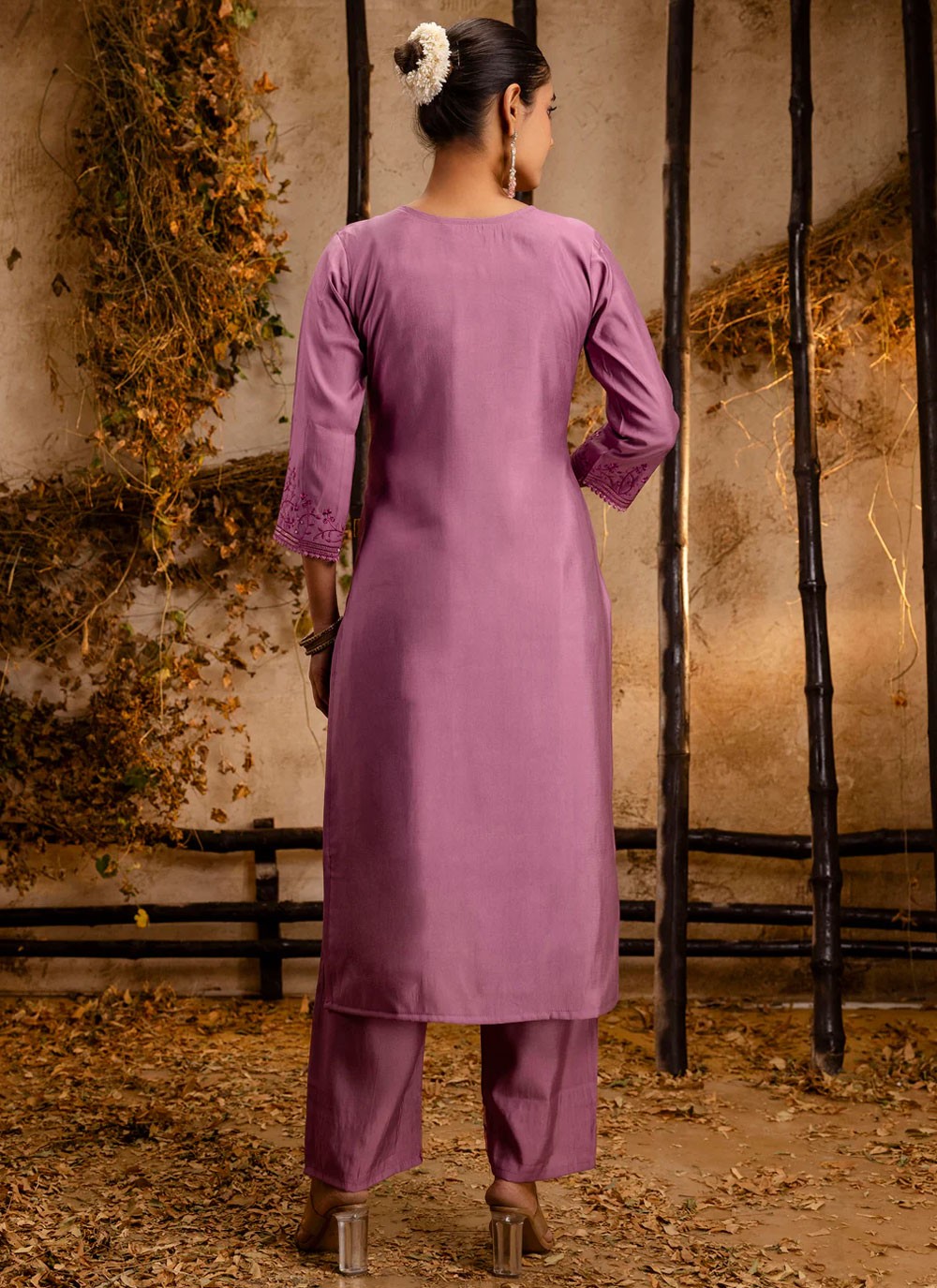 Embroidered Silk Lavender Pant Style Suit T6357