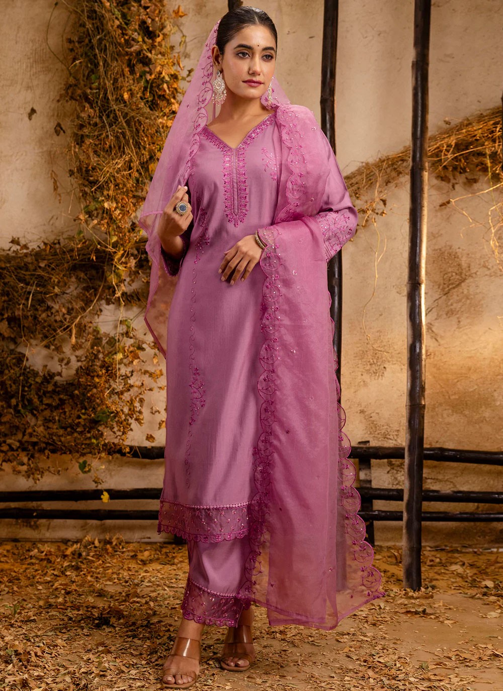 Embroidered Silk Lavender Pant Style Suit T6357