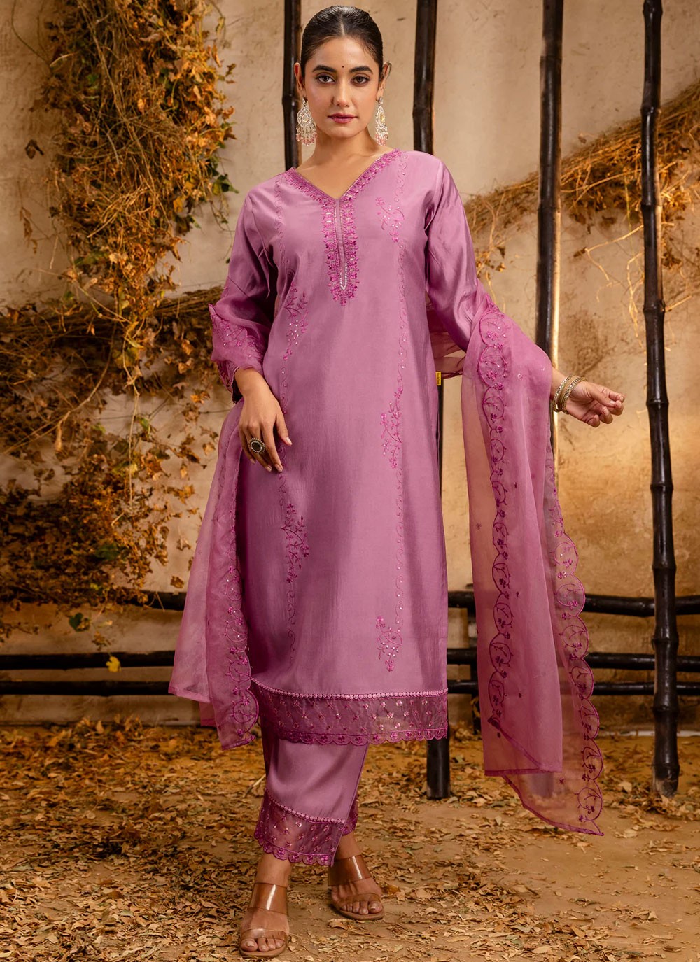 Embroidered Silk Lavender Pant Style Suit T6357