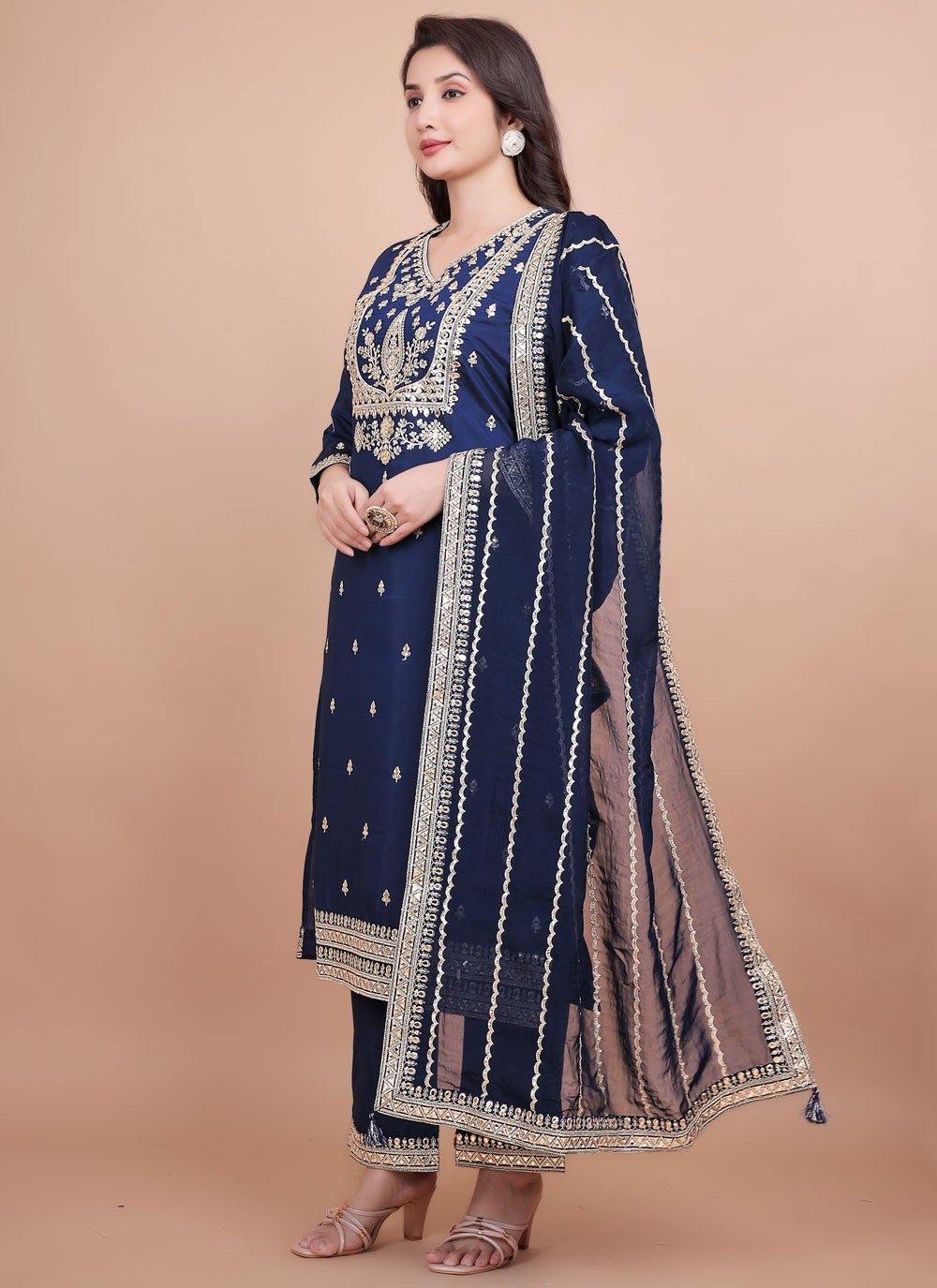 Pant Style Suit Embroidered, Zari Blue T7702