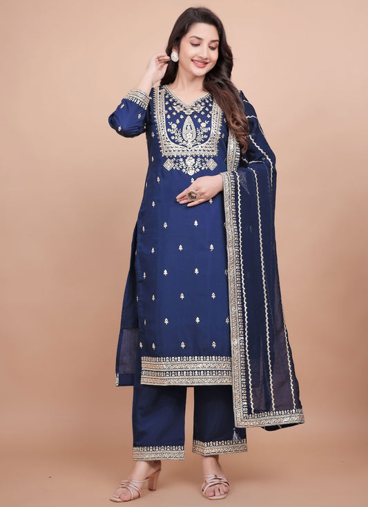 Pant Style Suit Embroidered, Zari Blue T7702