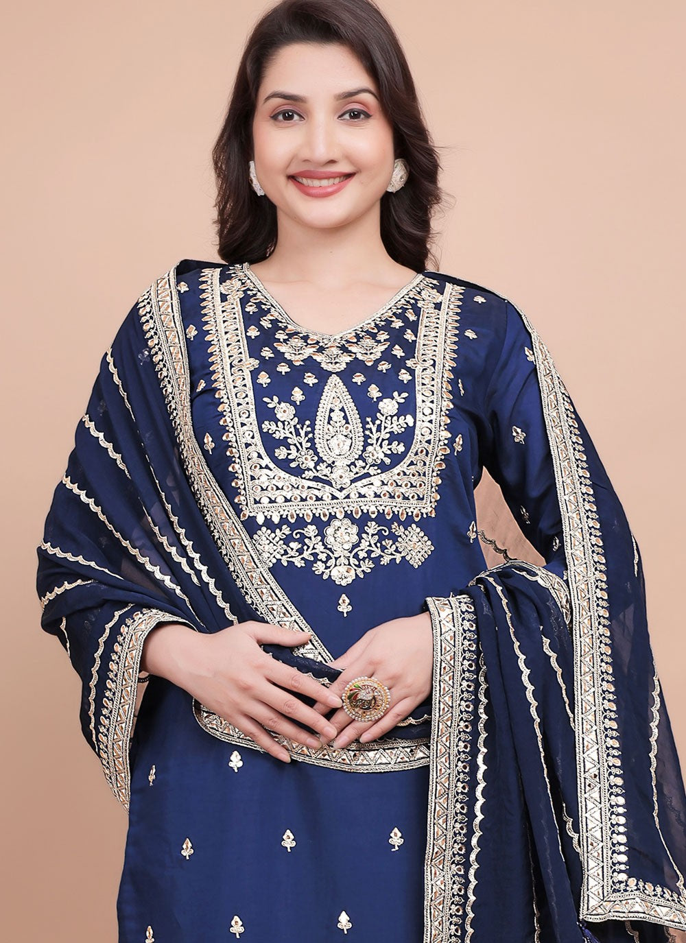 Pant Style Suit Embroidered, Zari Blue T7702