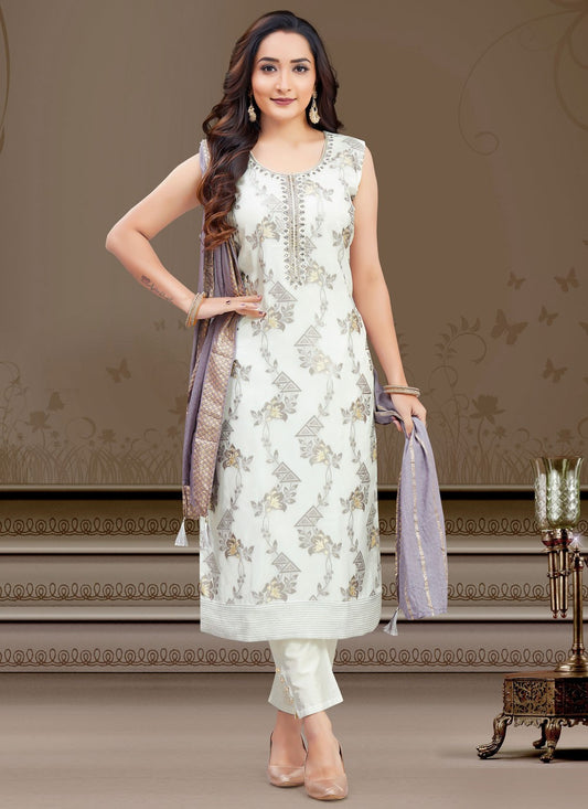 Pant Style Suit Embroidered, Jacquard Work, Zari White T7417