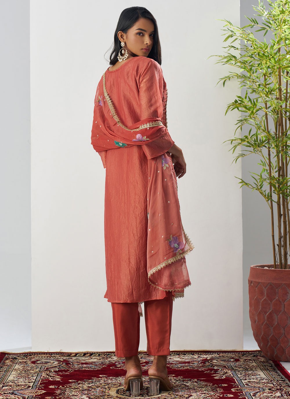 Pant Style Suit Embroidered, Fancy Work Pink T7895