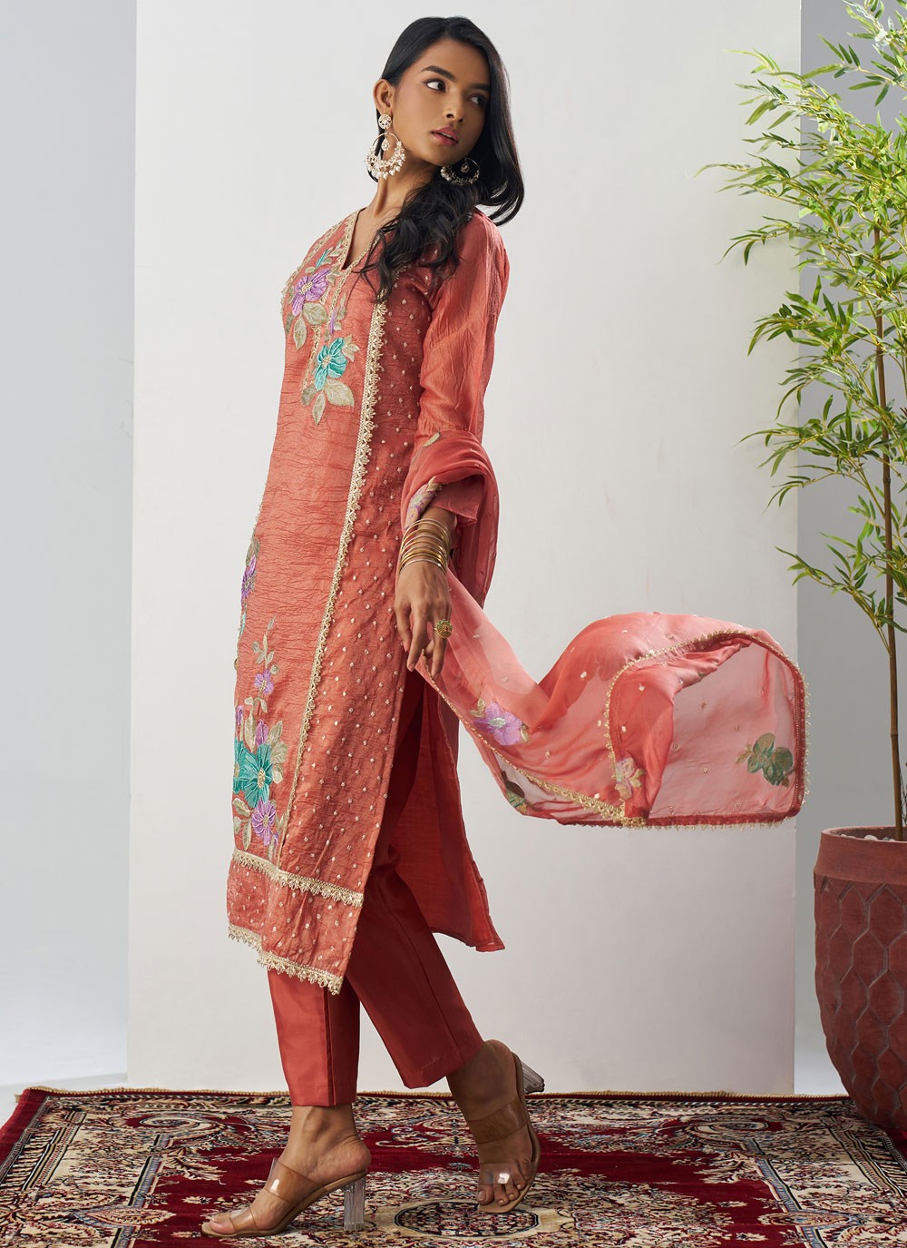 Pant Style Suit Embroidered, Fancy Work Pink T7895