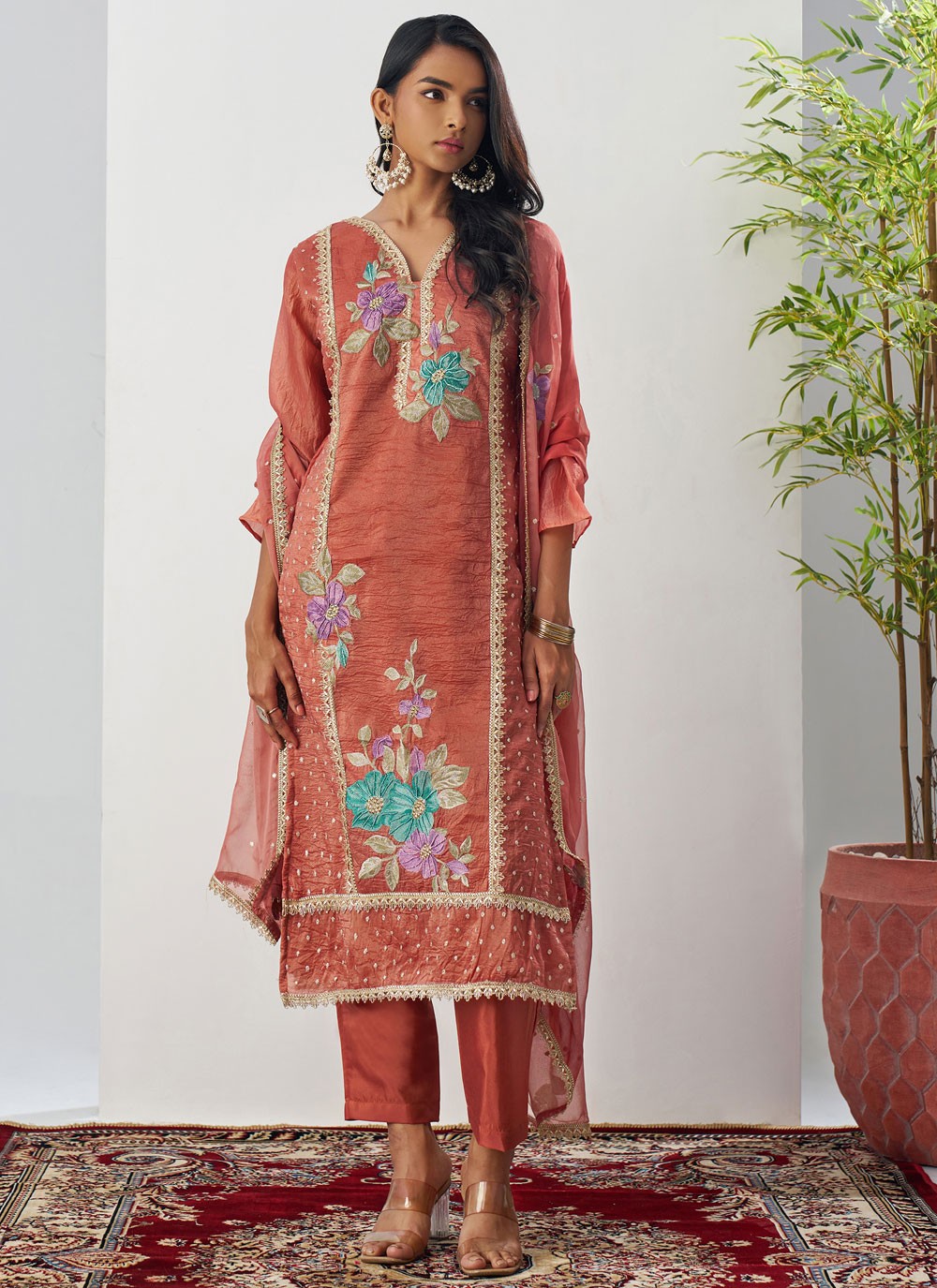 Pant Style Suit Embroidered, Fancy Work Pink T7895