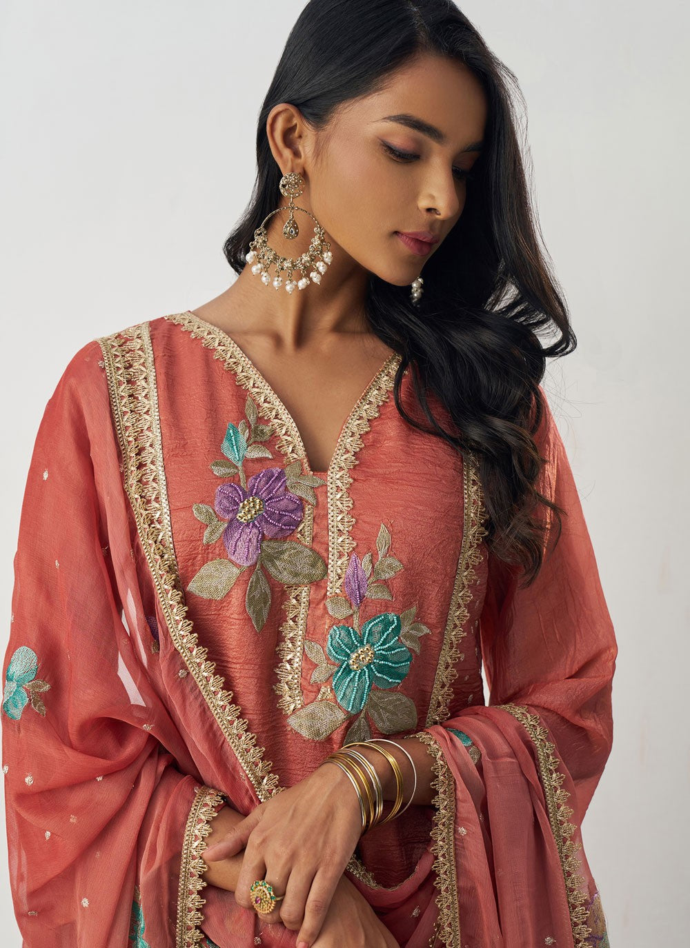 Pant Style Suit Embroidered, Fancy Work Pink T7895