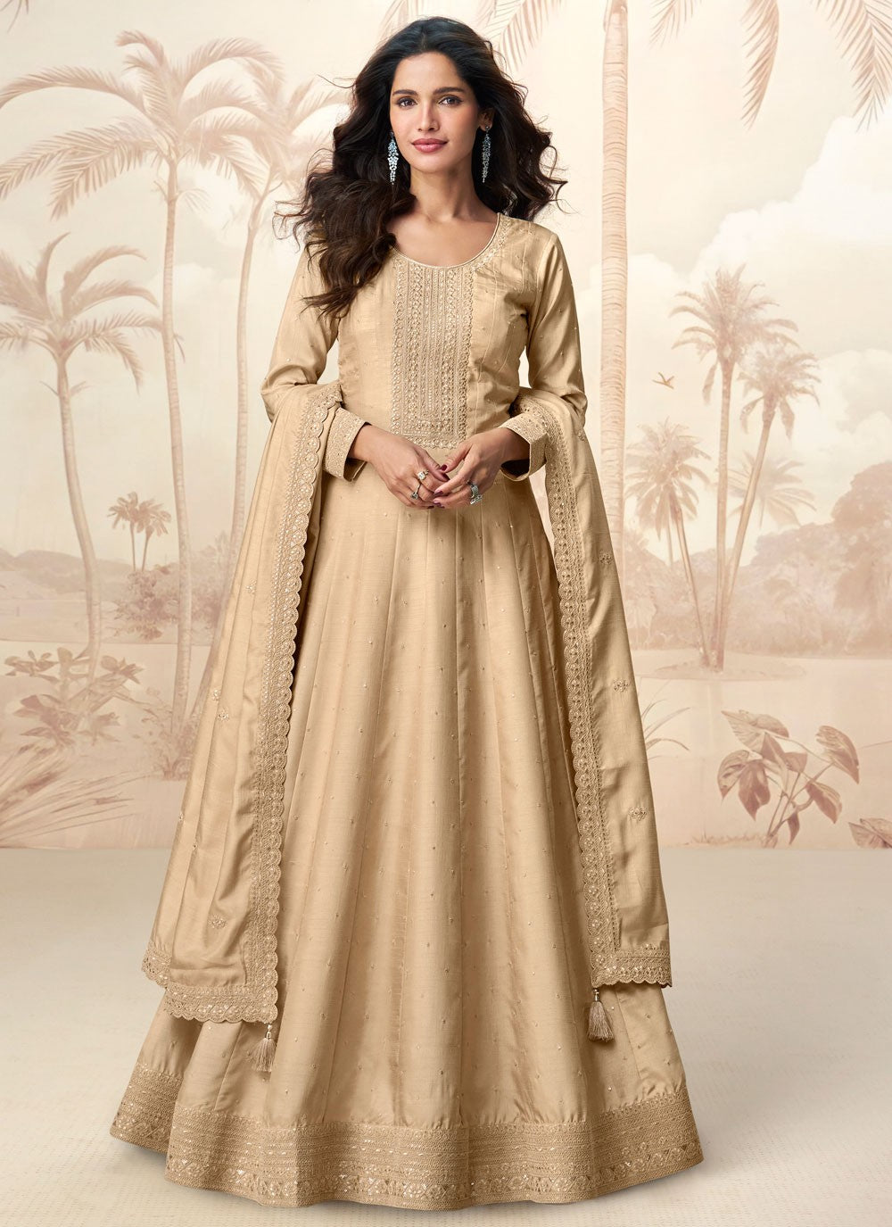 Embroidered Silk Beige Gown G19822