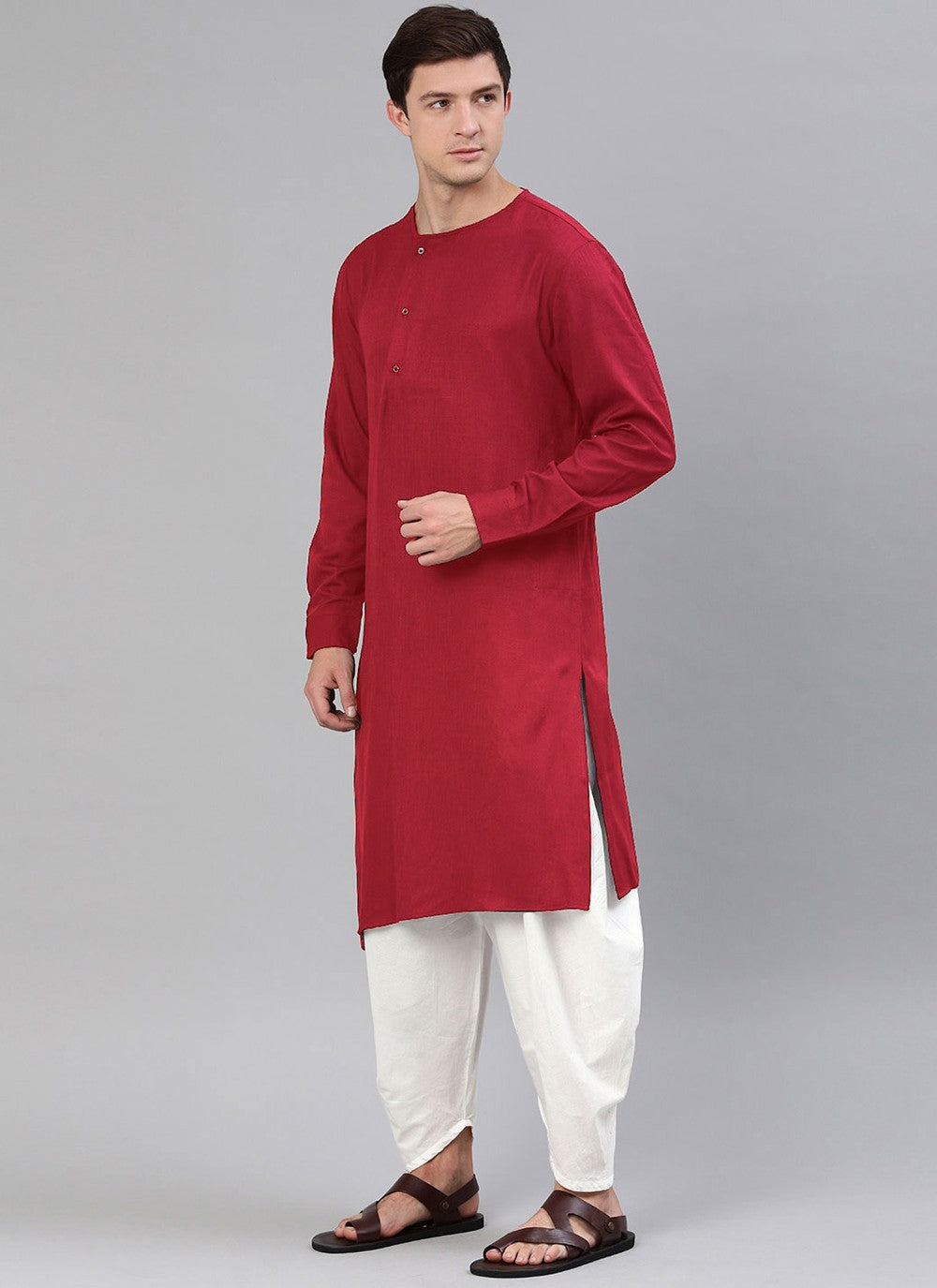 Plain Blended Cotton Red Dhoti Kurta - M4498
