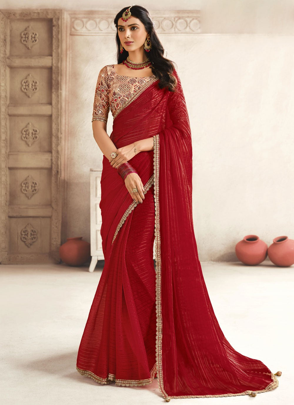 Classic Saree Border Work Red Silk Saree S13205
