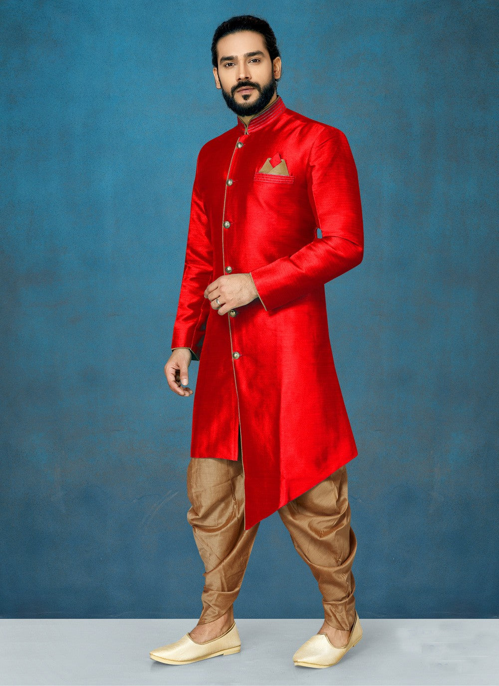 Buttons Art Dupion Silk Red Indo Western - M3568