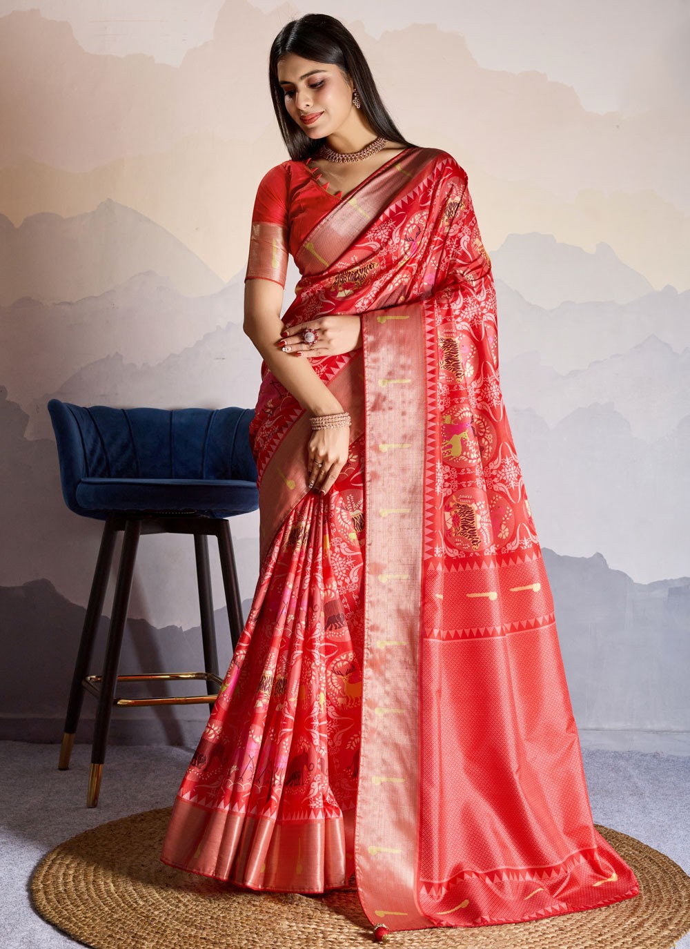 Digital Print Pure Dola Red Traditional Saree S14912