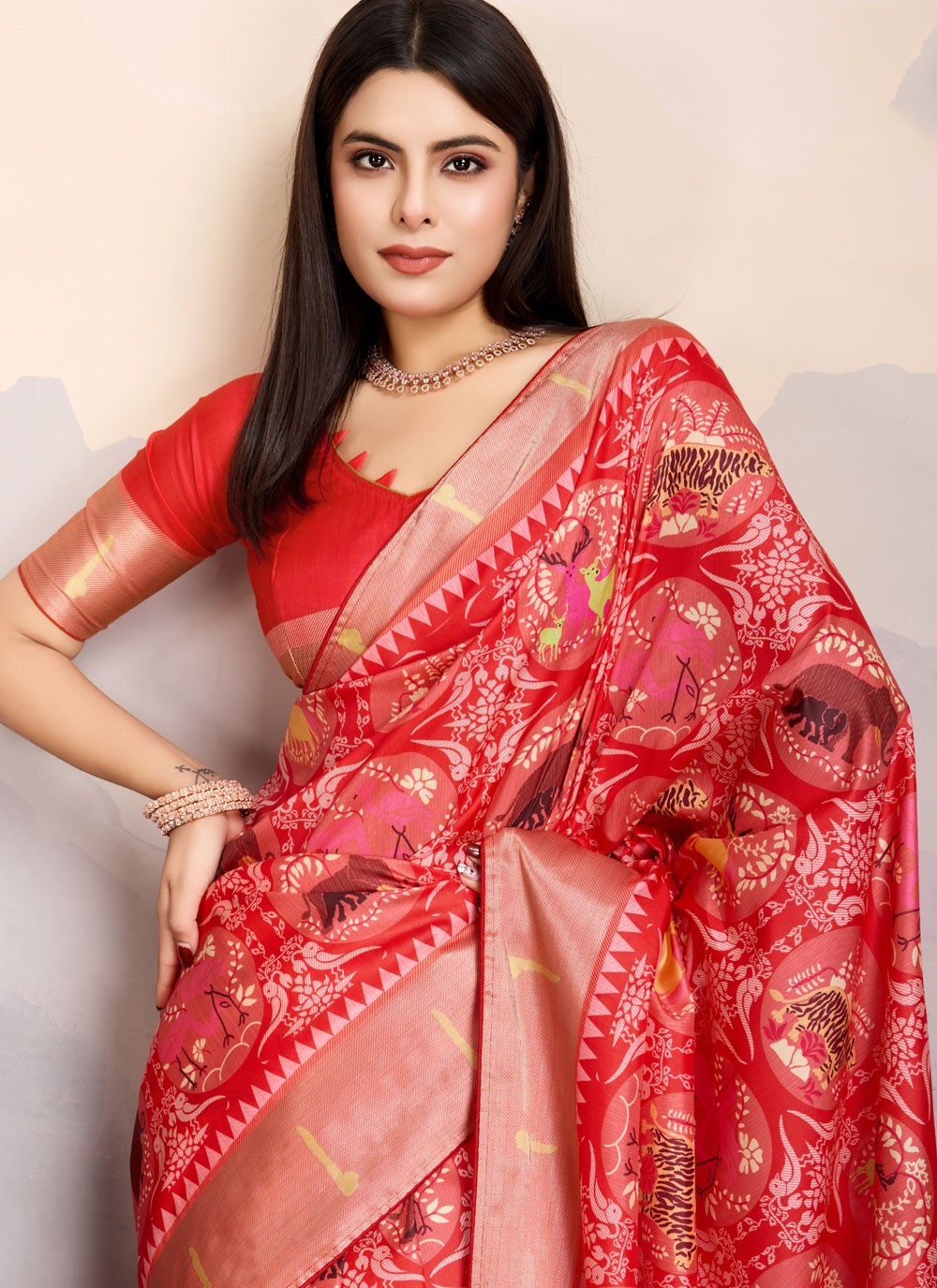 Digital Print Pure Dola Red Traditional Saree S14912