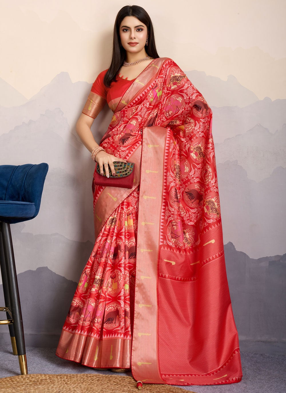 Digital Print Pure Dola Red Traditional Saree S14912