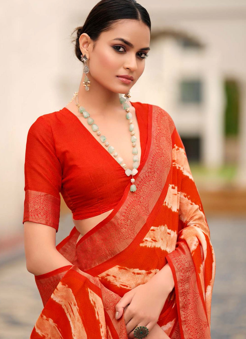 Red Silk Classic Saree Border Work, Jacquard Work, Strips S17884