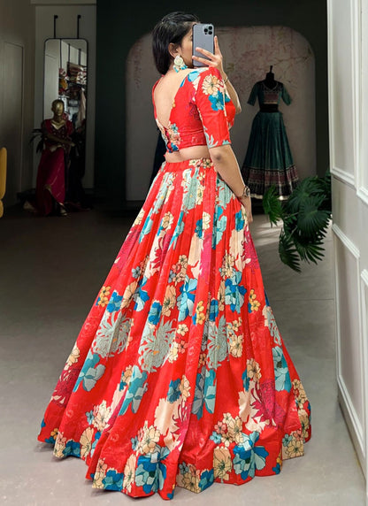 Floral Printed Tussar Silk Red Lehenga - L3217