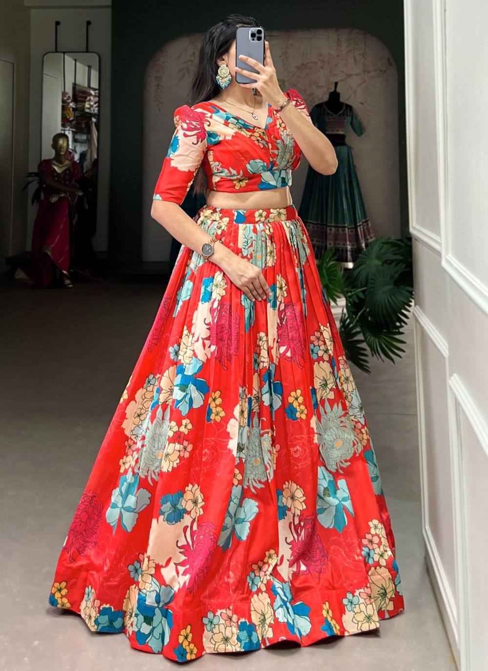 Floral Printed Tussar Silk Red Lehenga - L3217
