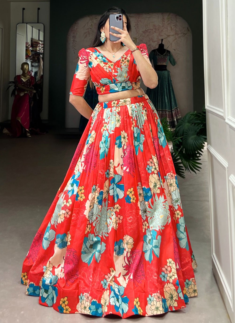 Floral Printed Tussar Silk Red Lehenga - L3217