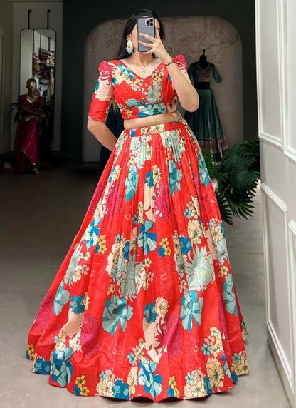 Floral Printed Tussar Silk Red Lehenga - L3217